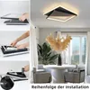 A collage showing the installation steps of a modern ceiling lamp, juxtaposed with a lifestyle shot of the lamp installed in a living room. Náhľad obrázku produktu