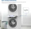 A stacked washing machine and dryer with a pull-out shelf between them, demonstrating space-saving. Produktbild-Vorschau