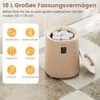 A beige towel warmer bucket is shown on a tiled floor, with a lid open and towels inside. A graphic overlay on the left lists different types of items that can be warmed. Anteprima dell’immagine prodotto