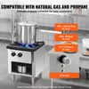 A commercial gas stove with a pot on it, with informational text overlays about gas compatibility. Náhled obrázku produktu