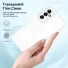A hand holding a clear phone case with text overlays describing its features. Produktbild-Vorschau