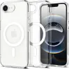 A clear phone case with a MagSafe ring and an Apple logo is shown next to an iPhone. Produktbild-Vorschau