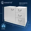A white bathroom vanity cabinet with drawers and a single door, shown with dimensions and product information overlays. Produktbild-Vorschau