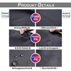 Collage of images showing details of a dark gray curtain, highlighting its features like folds, hooks, water resistance, and overall quality. Náhled obrázku produktu