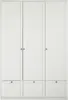 A white wardrobe with three doors and three drawers at the bottom, shown from the front. Produktbild-Vorschau