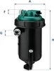 A diagram of a diesel fuel filter with measurement labels. Voir les images du produit