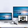 A docking station is connected to a laptop and two monitors, showcasing a multi-display setup. Produktbild-Vorschau
