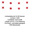A string of red 3D star-shaped lights against a white background, with descriptive text below. Produktbild-Vorschau