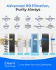 Diagram illustrating the multi-stage filtration process of an RO water filter, showing different filter layers and the removal of various impurities. Produktbild-Vorschau