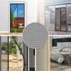 A collage of images showing a magnetic screen door in various settings, including a doorway, a patio, and a bedroom, with a close-up of the mesh. Produktbild-Vorschau