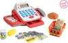 A toy cash register with accessories, including toy food, money, and a shopping basket, arranged on a white background. Náhled obrázku produktu
