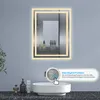 A bathroom mirror with integrated LED lighting is shown above a sink, with a callout box explaining a feature. Produktbild-Vorschau