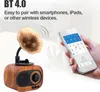A vintage-style Bluetooth speaker is shown next to a hand holding a smartphone, illustrating its wireless connectivity. Produktbild-Vorschau