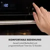 A close-up shot of a hand interacting with the control panel of a modern oven, with text overlay describing its features. Produktbild-Vorschau