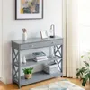 A grey console table with drawers and shelves is shown in a room setting, next to a window with curtains. Produktbild-Vorschau
