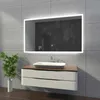 A modern bathroom vanity with a sink and a large LED mirror. Produktbild-Vorschau