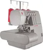 A studio shot of a gray Singer heavy-duty overlock sewing machine with red thread spools. Náhľad obrázku produktu