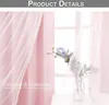 A close-up view of pink curtains with sheer white overlay, featuring a vase of flowers and a decorative object on a table. Produktbild-Vorschau