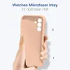 A hand holding a pink phone case with text describing its features. Produktbild-Vorschau