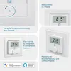 A collage of images showcasing a white wall thermostat with a digital display and a rotary dial, highlighting its features and compatibility. Produktbild-Vorschau