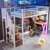 A loft bed with a desk and storage, set up in a modern, dimly lit room with neon accents. Anteprima dell’immagine prodotto