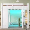 A child's loft bed with integrated storage, desk, and LED lighting, set in a bedroom. Produktbild-Vorschau