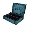 An open teal toolbox with multiple black compartments inside, set against a white background. Produktbild-Vorschau