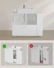 A bathroom vanity with a sink and faucet, shown in a main product shot and two smaller detail shots demonstrating proper and improper installations. Náhled obrázku produktu
