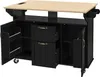 A black kitchen island with a light wood countertop is shown from the front with its doors and drawers open. Produktbild-Vorschau