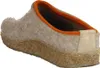 A side view of a beige felt slipper with an orange trim and a cork sole. Produktbild-Vorschau