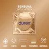 A Durex Sensual condom wrapper is shown in the center of the image, with text and icons around it. Voir les images du produit