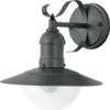 A dark-colored outdoor wall light with a wide brimmed shade and a clear glass globe. Produktbild-Vorschau
