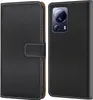 A split image showing the front and back of a black flip phone case. Produktbild-Vorschau