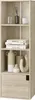 A tall, narrow bookshelf with four shelves and one drawer, displaying decorative items and books. Produktbild-Vorschau
