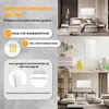Collage of lifestyle images and marketing graphics showing an infrared heater in different settings and highlighting its features. Produktbild-Vorschau