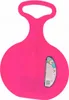 A bright pink plastic sled with a handle, shown against a white background. A label with graphics and text is attached to the sled. Podgląd zdjęcia produktu