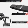 Product details of a black adjustable weight bench with text overlays highlighting features. Produktbild-Vorschau