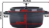 A side view of a dark gray Dutch oven with dimensions indicated by red lines and text. Náhled obrázku produktu