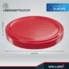 A red jar lid is shown from a slightly elevated angle against a light gray background. Dimensions and product information are overlaid on the image. Produktbild-Vorschau