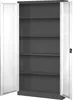 An open, empty gray metal cabinet with white doors. Náhľad obrázku produktu