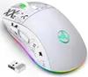 A white gaming mouse with RGB lighting and decorative graphics, shown with a USB receiver. Produktbild-Vorschau