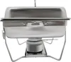 A stainless steel chafing dish with a fuel burner underneath. Náhled obrázku produktu