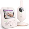 A Philips Avent baby monitor set, consisting of a parent unit with a screen displaying a baby and a camera unit. Produktbild-Vorschau