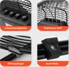 Collage of four close-up images showcasing features of a black floor fan. Náhľad obrázku produktu