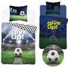 Two different views of a soccer-themed duvet cover set, one with a white and black soccer ball and the other with a yellow and blue soccer ball, both on a soccer field background with stadium lights. Produktbild-Vorschau