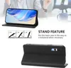 A person is using a phone with a black leather case that has a stand feature. Produktbild-Vorschau