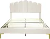 A white upholstered bed frame with a slatted base and gold legs, shown against a white background. Produktbild-Vorschau