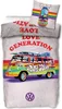 A colorful Volkswagen bus with the words 'Love Generation' and 'Drive Crazy' printed on it, on a bedding set. Produktbild-Vorschau