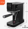 A black espresso machine with silver accents is shown from a side-angle on a light gray background. Dimensions are indicated with lines and text. Produktbild-Vorschau