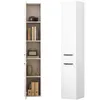 A tall, narrow white cabinet with shelves on the left and a closed cabinet on the right, against a white background. Podgląd zdjęcia produktu